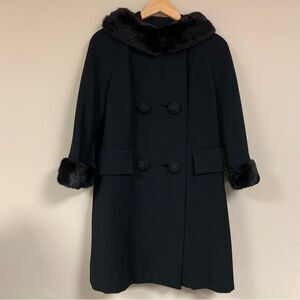 🆕 Vintage Fur Trimmed Black Coat Women’s Large Formal Winter Christmas Holiday